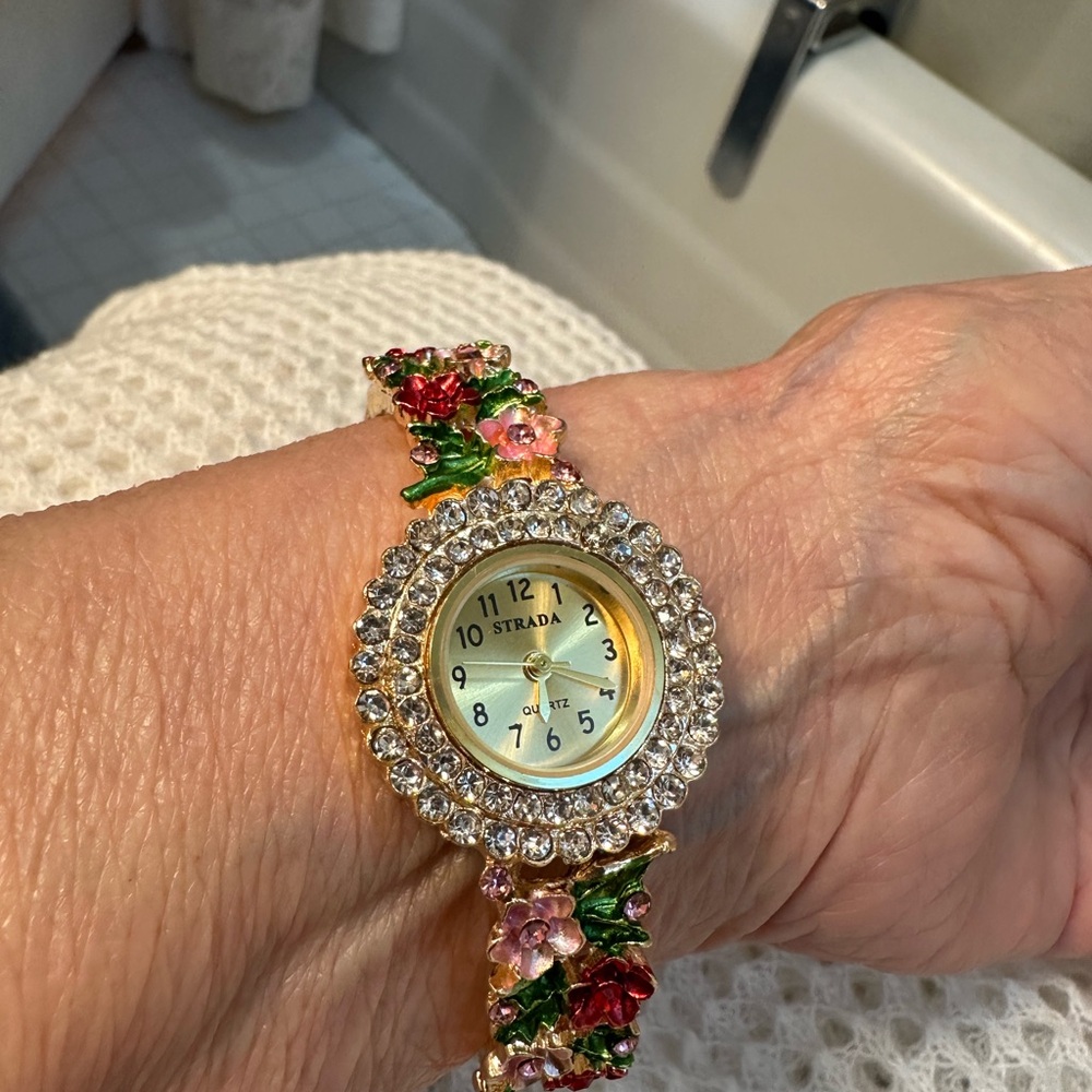 Strada Gold Floral Women's Watch with Crystal Accents - Picture 5 of 5